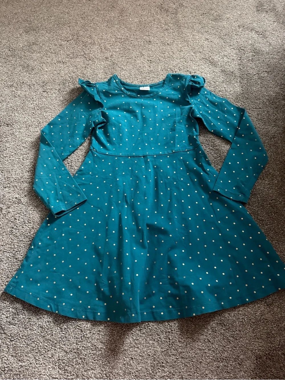 Hanna Andersson Teal Gold Polka Dot Dress Sz 130cm